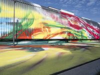 a large multi - colored building on the side of the street, with an artistic mural