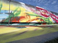 a large multi - colored building on the side of the street, with an artistic mural