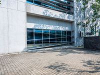 a brick walkway with trees and a building in the background with glass windows and a large white building