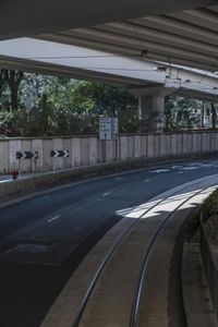 there is a large street under an overpass with graffiti on it and some bushes in the foreground