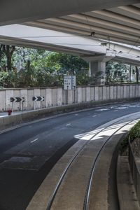 there is a large street under an overpass with graffiti on it and some bushes in the foreground