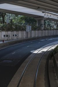 there is a large street under an overpass with graffiti on it and some bushes in the foreground