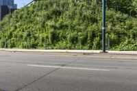 an asian boy riding a skateboard on a street near some bushes and grass that are in the background