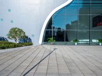 the shadow of a street light on a tiled walkway near a building with large windows in front