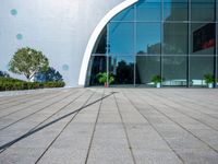 the shadow of a street light on a tiled walkway near a building with large windows in front