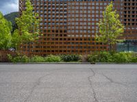 street corner with tree on the corner of the corner and a building behind it that is surrounded by multiple windows and a perforated brown lattice