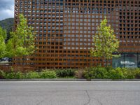 street corner with tree on the corner of the corner and a building behind it that is surrounded by multiple windows and a perforated brown lattice