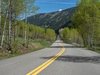 a yellow and black sign is on the street near some mountains and trees in the distance