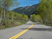 a yellow and black sign is on the street near some mountains and trees in the distance