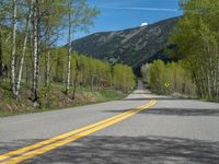 a yellow and black sign is on the street near some mountains and trees in the distance