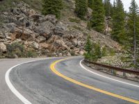 the curved road curves in front of a mountain area with pine trees behind it,