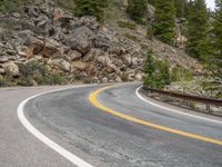 the curved road curves in front of a mountain area with pine trees behind it,