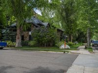 an empty street lined with trees and a mountain range in the distance in the back