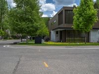 an empty street lined with trees and a mountain range in the distance in the back