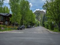 an empty street lined with trees and a mountain range in the distance in the back