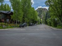 an empty street lined with trees and a mountain range in the distance in the back