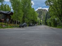 an empty street lined with trees and a mountain range in the distance in the back