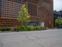 street corner with tree on the corner of the corner and a building behind it that is surrounded by multiple windows and a perforated brown lattice