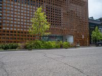 street corner with tree on the corner of the corner and a building behind it that is surrounded by multiple windows and a perforated brown lattice