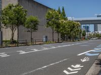 empty road with white lines on the streets of city area against cloudy blue sky on a sunny day