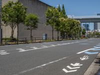 empty road with white lines on the streets of city area against cloudy blue sky on a sunny day