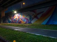 graffiti is painted under a bridge at night near the road and grassy area on the ground