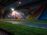 graffiti is painted under a bridge at night near the road and grassy area on the ground