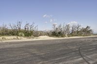 a view along a dirt road of an empty field and mountains in the distance of the scene