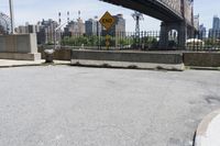 a black fire hydrant sitting on top of an asphalt road near a bridge over the city