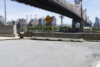 a black fire hydrant sitting on top of an asphalt road near a bridge over the city
