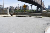 a black fire hydrant sitting on top of an asphalt road near a bridge over the city