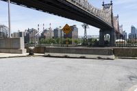 a black fire hydrant sitting on top of an asphalt road near a bridge over the city