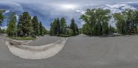 the skateboarder is going down the ramp outside the park to the trees and park