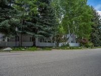 an empty street lined with trees and a mountain range in the distance in the back