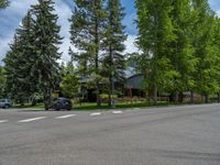 a road and trees line a residential street in a residential area in a neighborhood with no parking