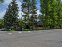 a road and trees line a residential street in a residential area in a neighborhood with no parking