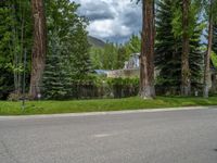 a road and trees line a residential street in a residential area in a neighborhood with no parking