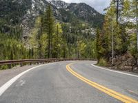 the curved road curves in front of a mountain area with pine trees behind it,