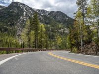 the curved road curves in front of a mountain area with pine trees behind it,