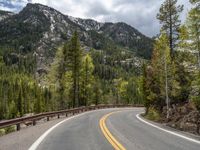 the curved road curves in front of a mountain area with pine trees behind it,