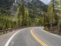 the curved road curves in front of a mountain area with pine trees behind it,