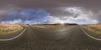 this is a panorama fisheye image taken from a computer monitor on the road in the desert