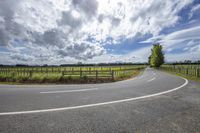 an empty paved road in front of a vineyard field and fenced in area with wooden posts