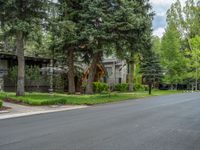 an empty street lined with trees and a mountain range in the distance in the back