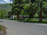 an empty street lined with trees and a mountain range in the distance in the back