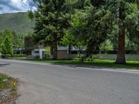 an empty street lined with trees and a mountain range in the distance in the back