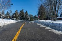 road in winter with yellow painted lines on street and snowbanks on the roadside