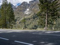 the road is empty on this mountain top side, with pine trees and rocks in it