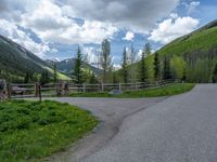 road in the mountains with grass and trees and a fence surrounding it on a bright day