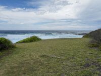 a grassy field with some water and the ocean in the background at a rocky shore